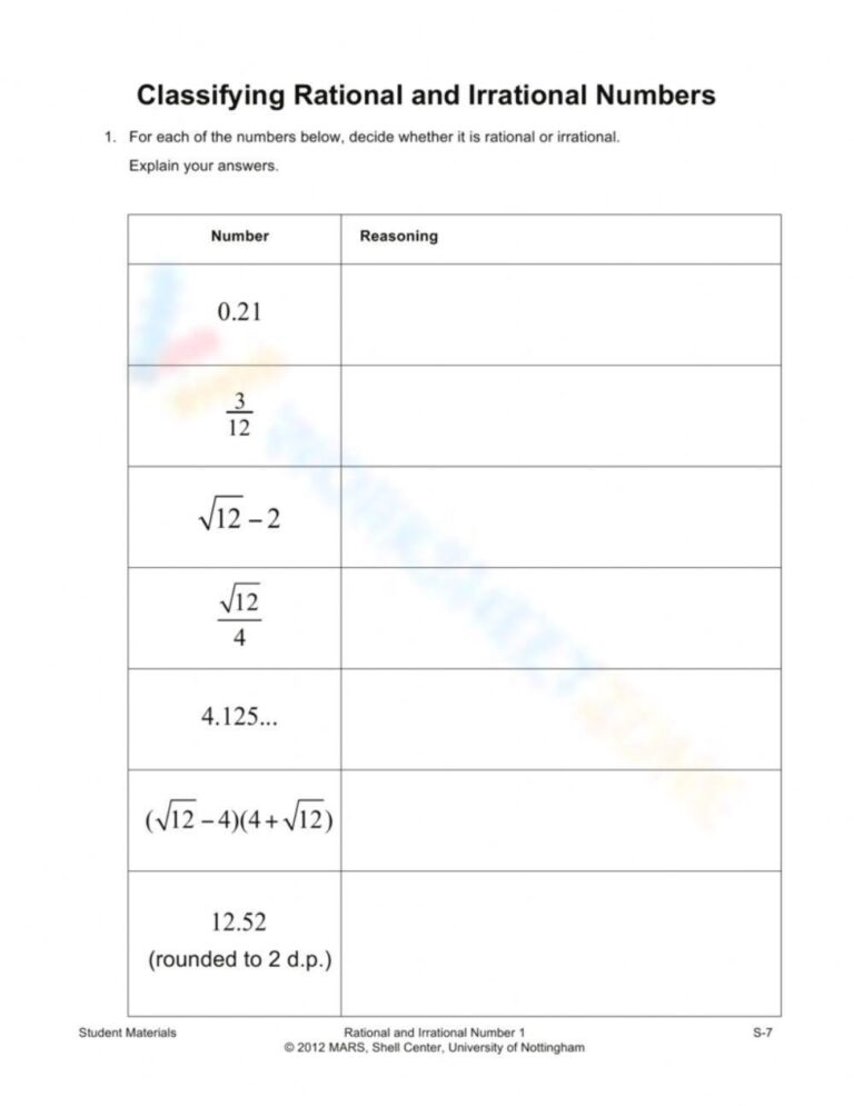Grade 7 Rational And Irrational Numbers Worksheets