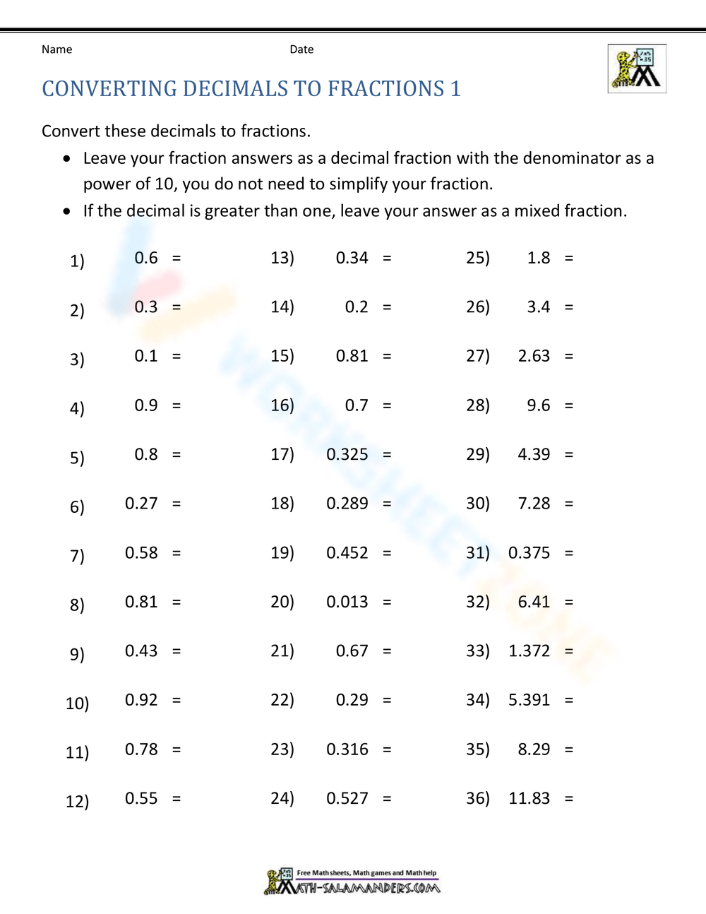 Grade 8 Converting Decimals To Fractions Worksheets Printable