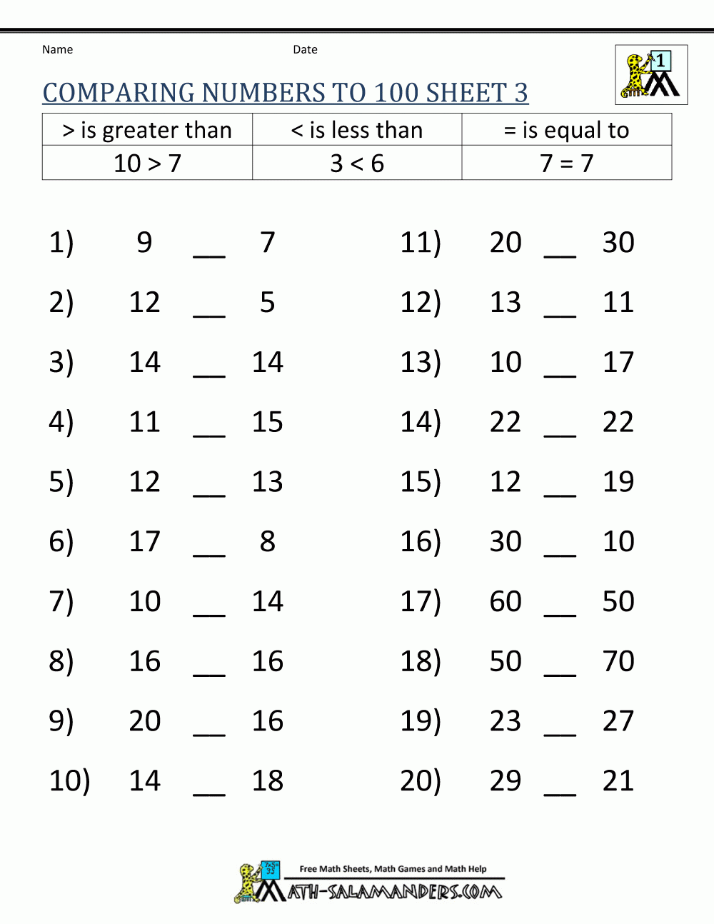 Greater Than Less Than Worksheet Comparing Numbers To 100 Greater Than Less Than Worksheet Comparing Numbers To 100