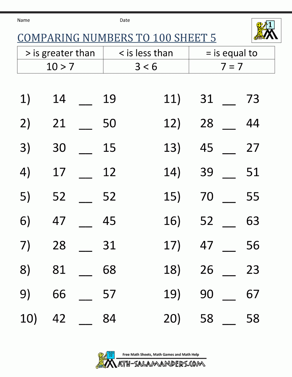 Greater Than Less Than Worksheet Comparing Numbers To 100 Greater Than Less Than Worksheet Comparing Numbers To 100
