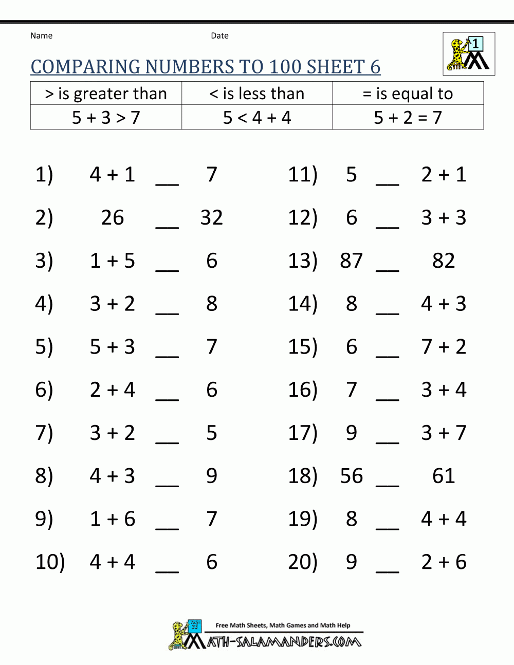 Greater Than Less Than Worksheet Comparing Numbers To 100 Greater Than Less Than Worksheet Comparing Numbers To 100