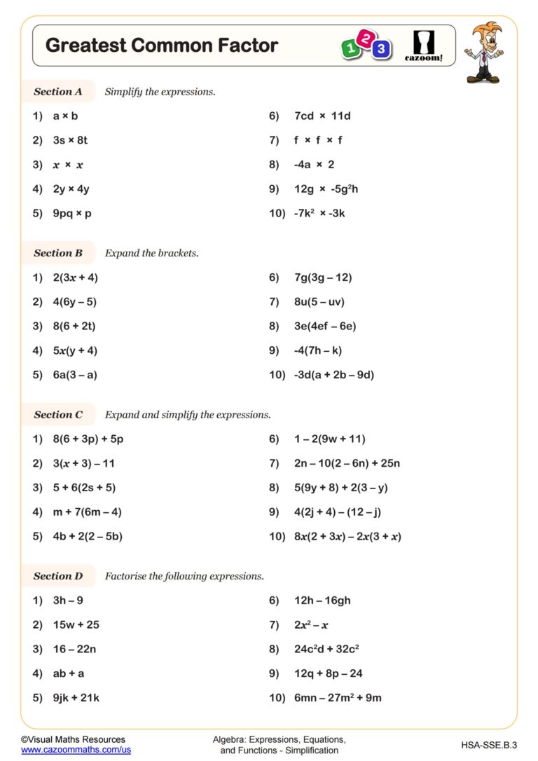 Greatest Common Factor Worksheet Algebra I PDF Worksheets Cazoom Math