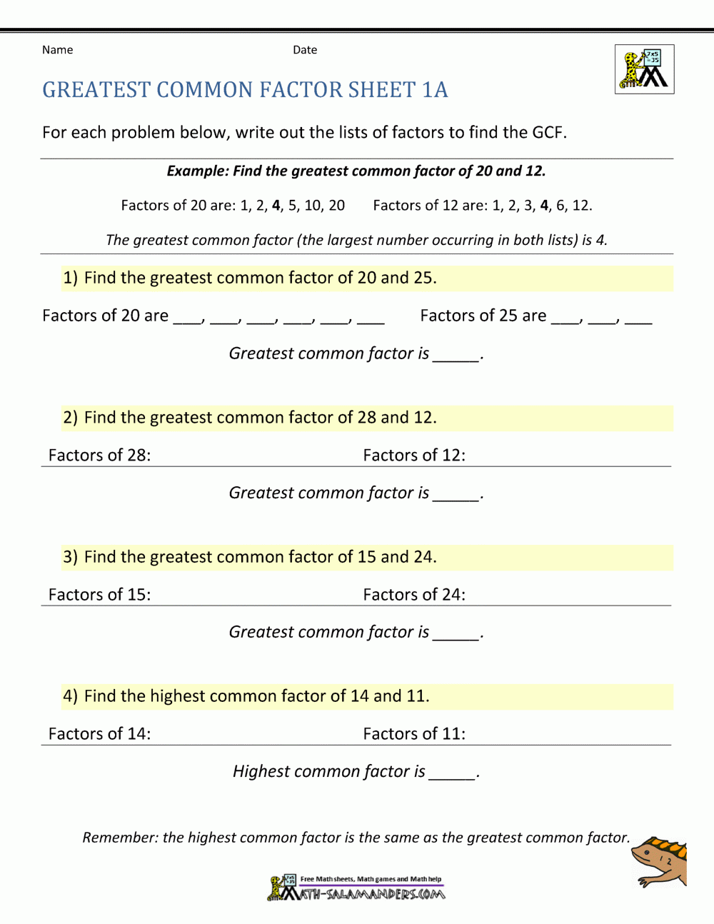 greatest common factor worksheet greatest common factor worksheet