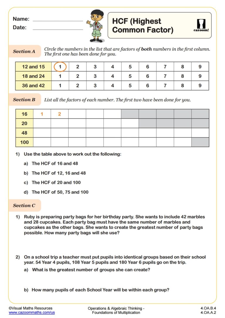 HCF Highest Common Factor Worksheet Fun And Engaging 4th Grade PDF Worksheets Cazoom Math