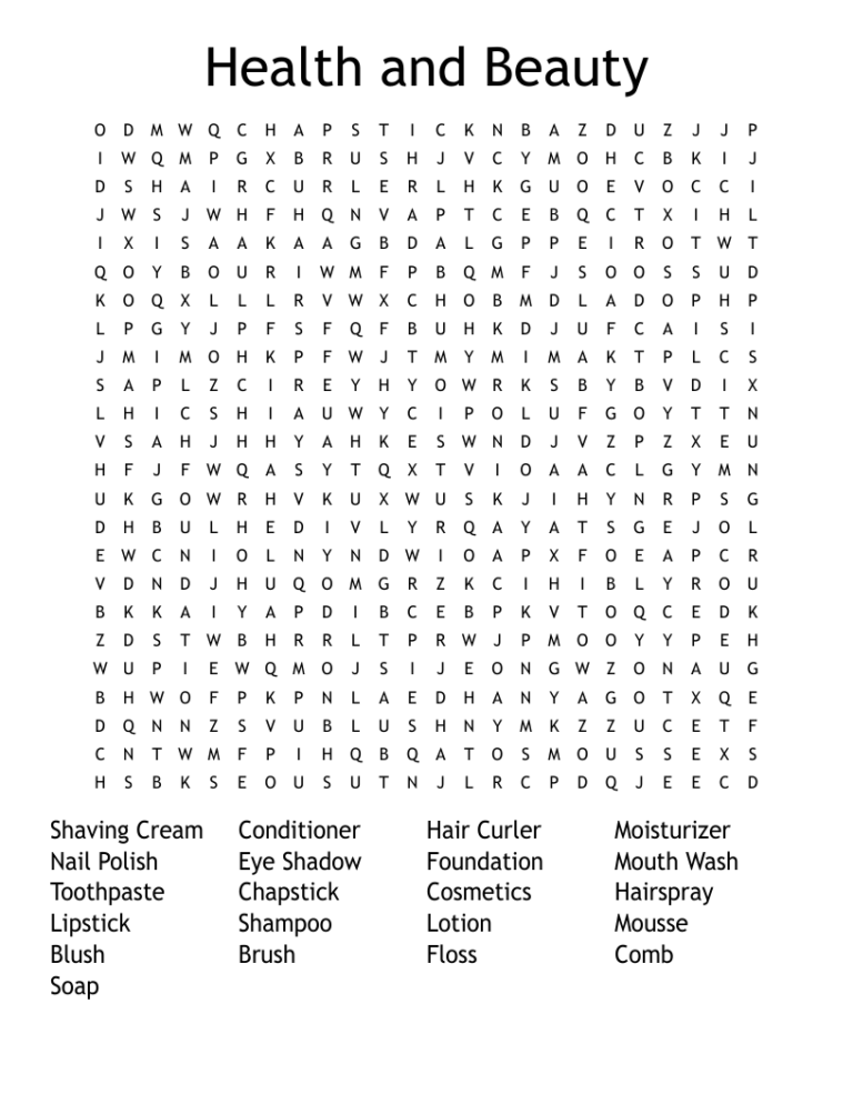 Health And Beauty Word Search WordMint