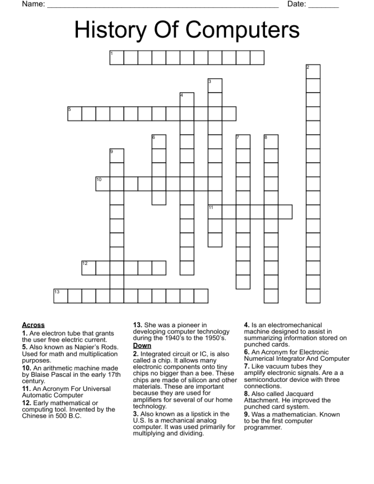 History Of Computers Crossword WordMint