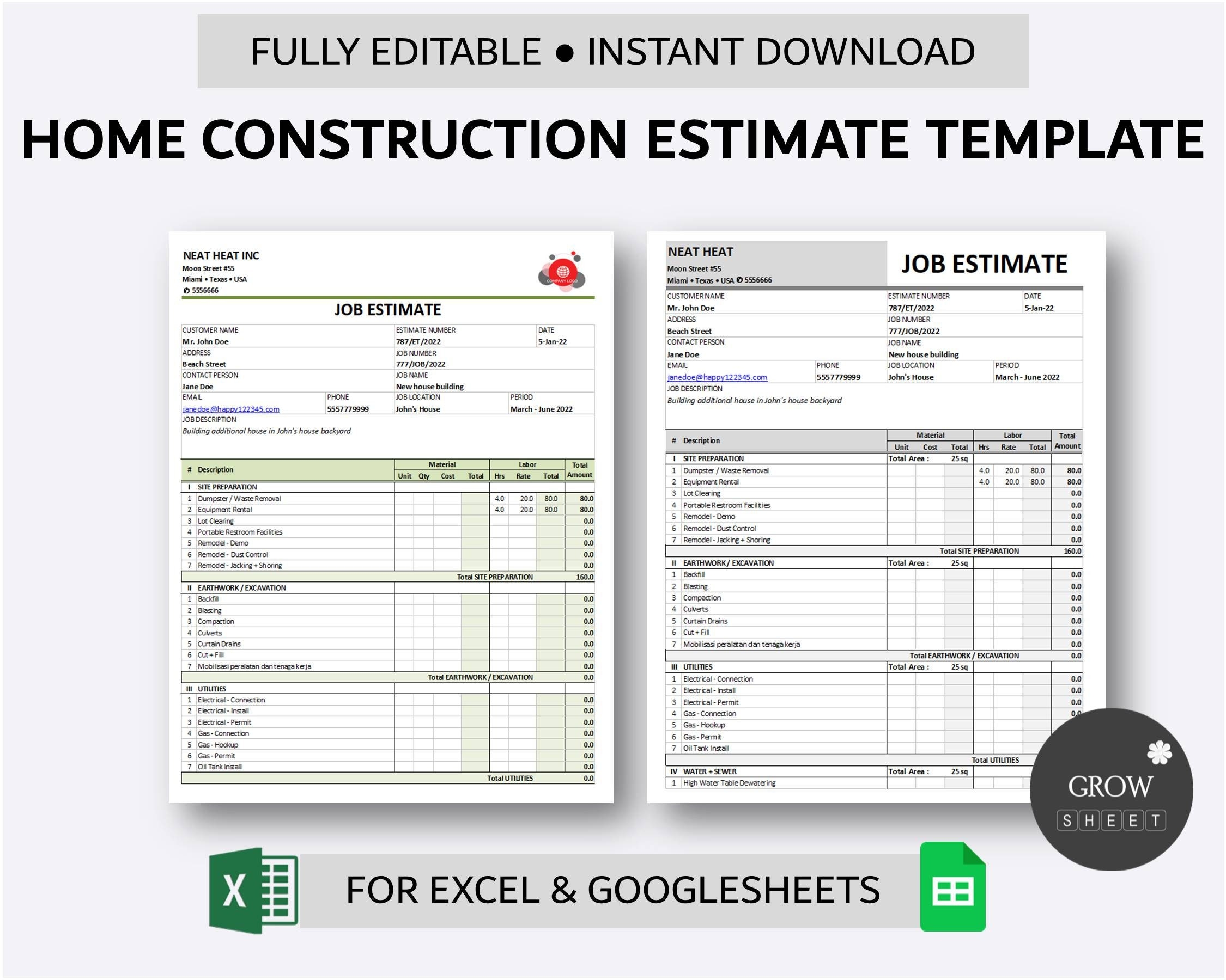 Home Construction Estimate Template Printable Construction Estimate Form For Excel And Google Sheets Job Estimate Spreadsheet Etsy