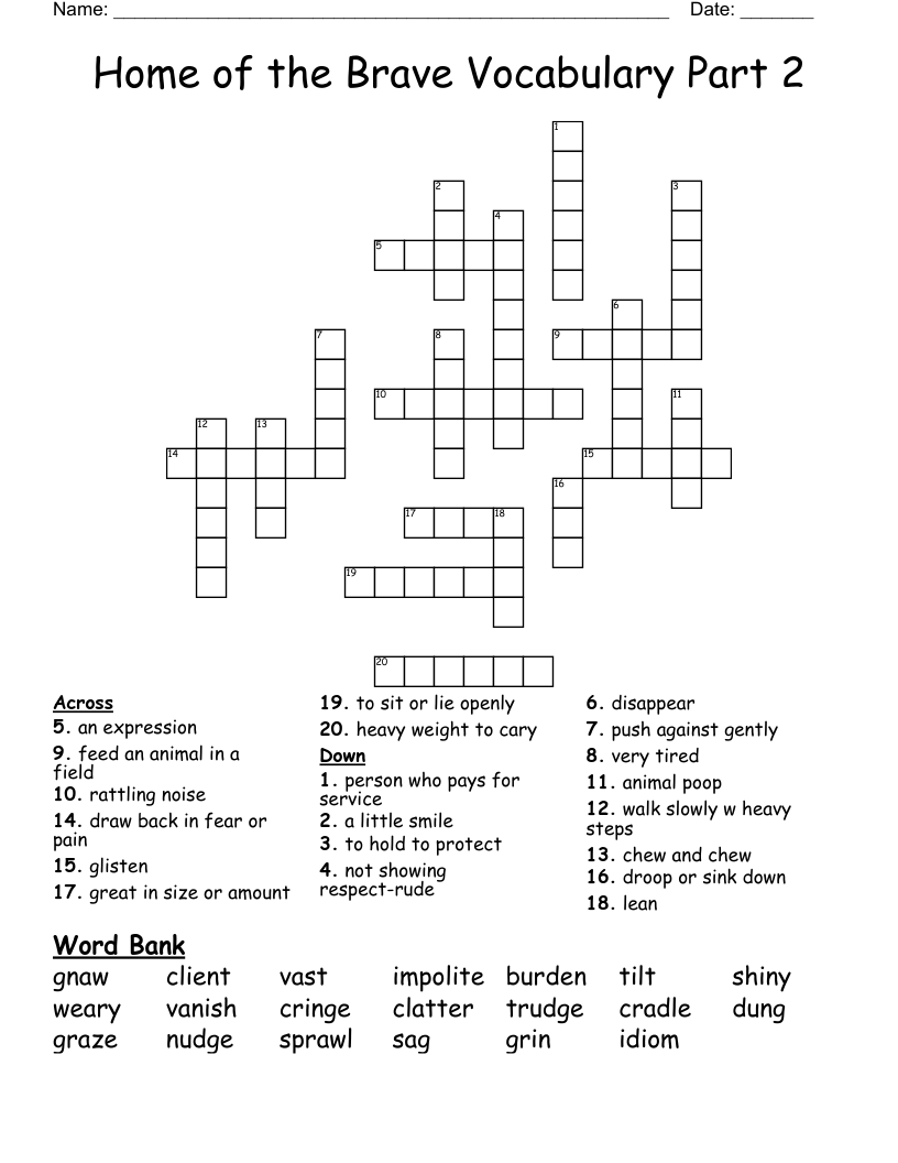 Home Of The Brave Vocabulary Part 2 Crossword WordMint