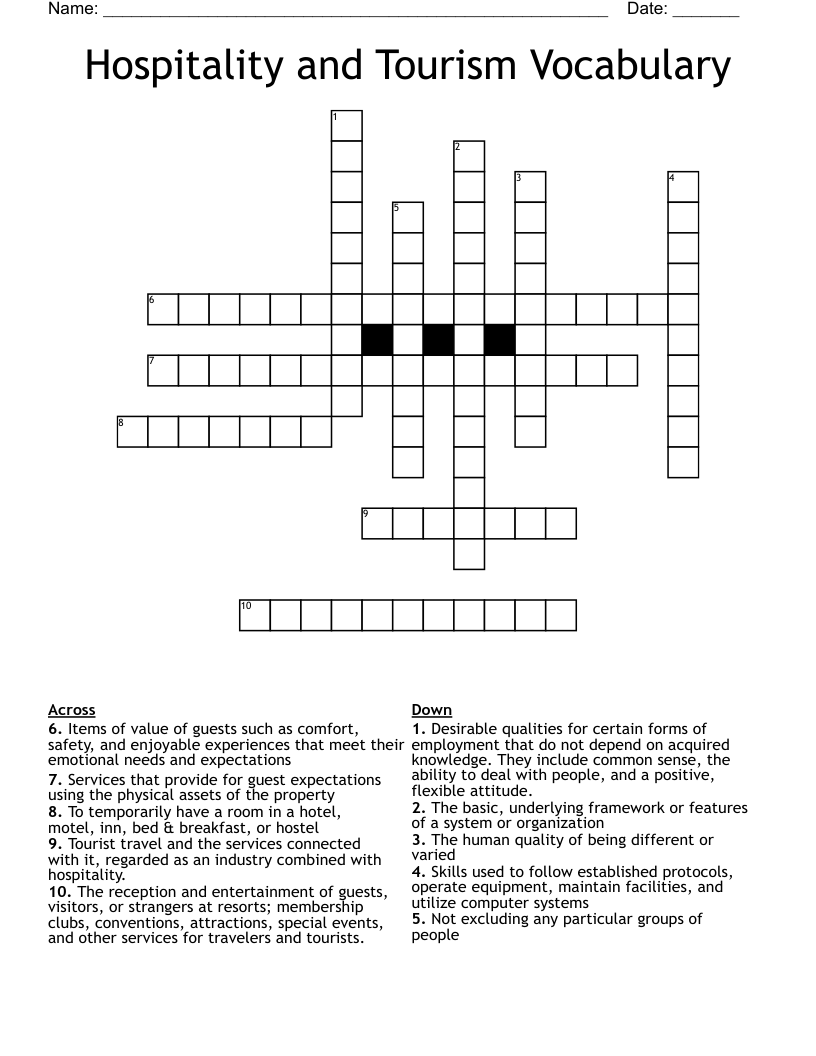 Hospitality And Tourism Vocabulary Crossword WordMint Hospitality And Tourism Vocabulary Crossword WordMint