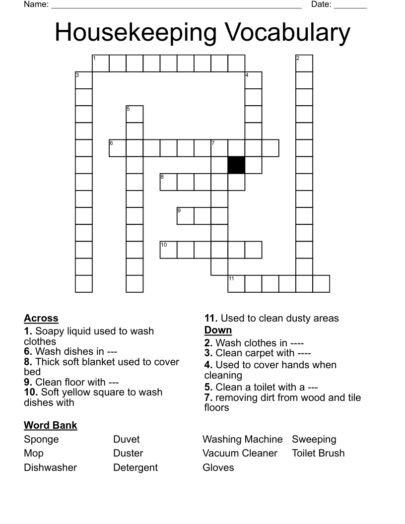 Housekeeping Vocabulary Crossword WordMint Housekeeping Vocabulary Crossword WordMint