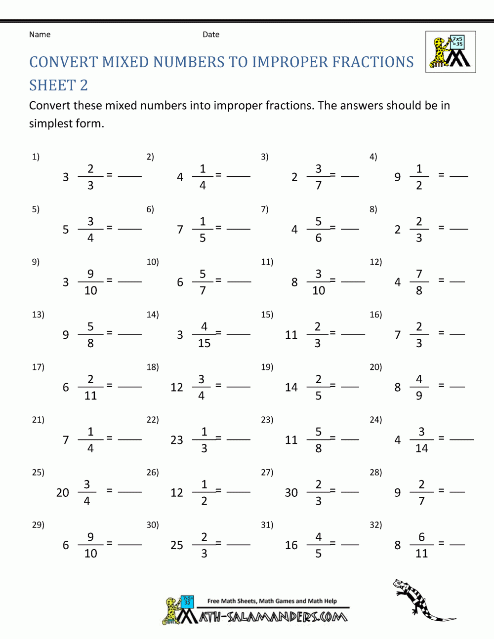 Improper Fraction Worksheets Improper Fraction Worksheets