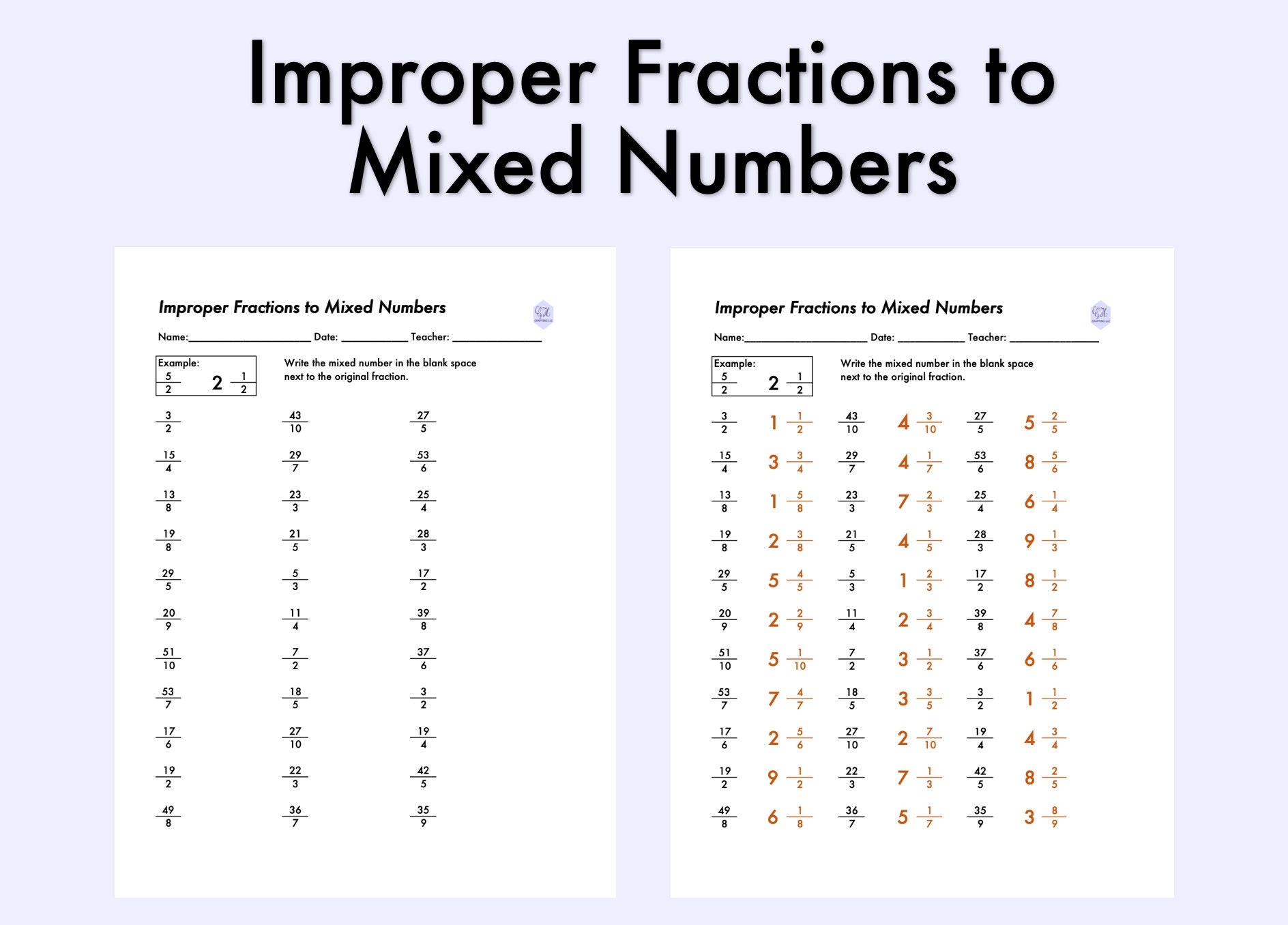 Improper Fractions To Mixed Numbers Printable Worksheet Etsy Improper Fractions To Mixed Numbers Printable Worksheet Etsy