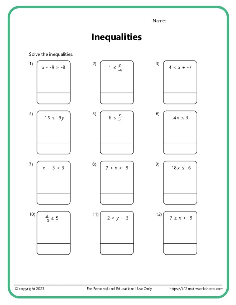 Inequalities Worksheets Inequalities Worksheets