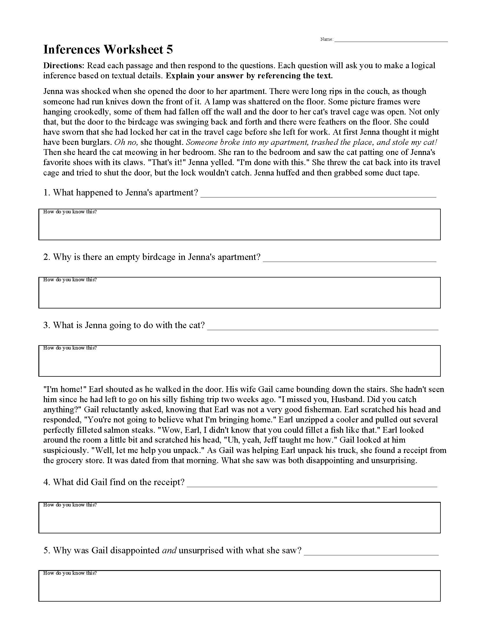 Inferences Worksheet 5 Reading Activity Inferences Worksheet 5 Reading Activity