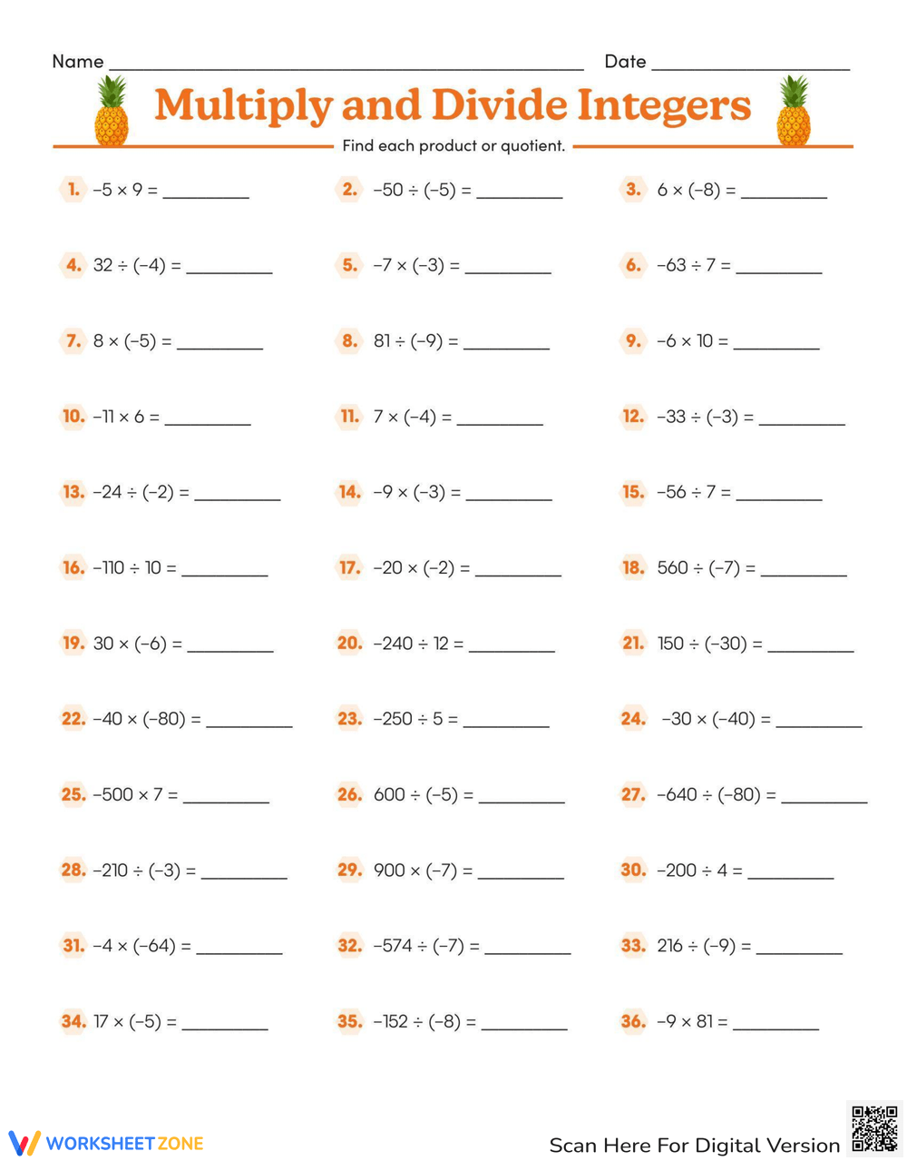 Integers Multiply Divide Practice Worksheet Integers Multiply Divide Practice Worksheet