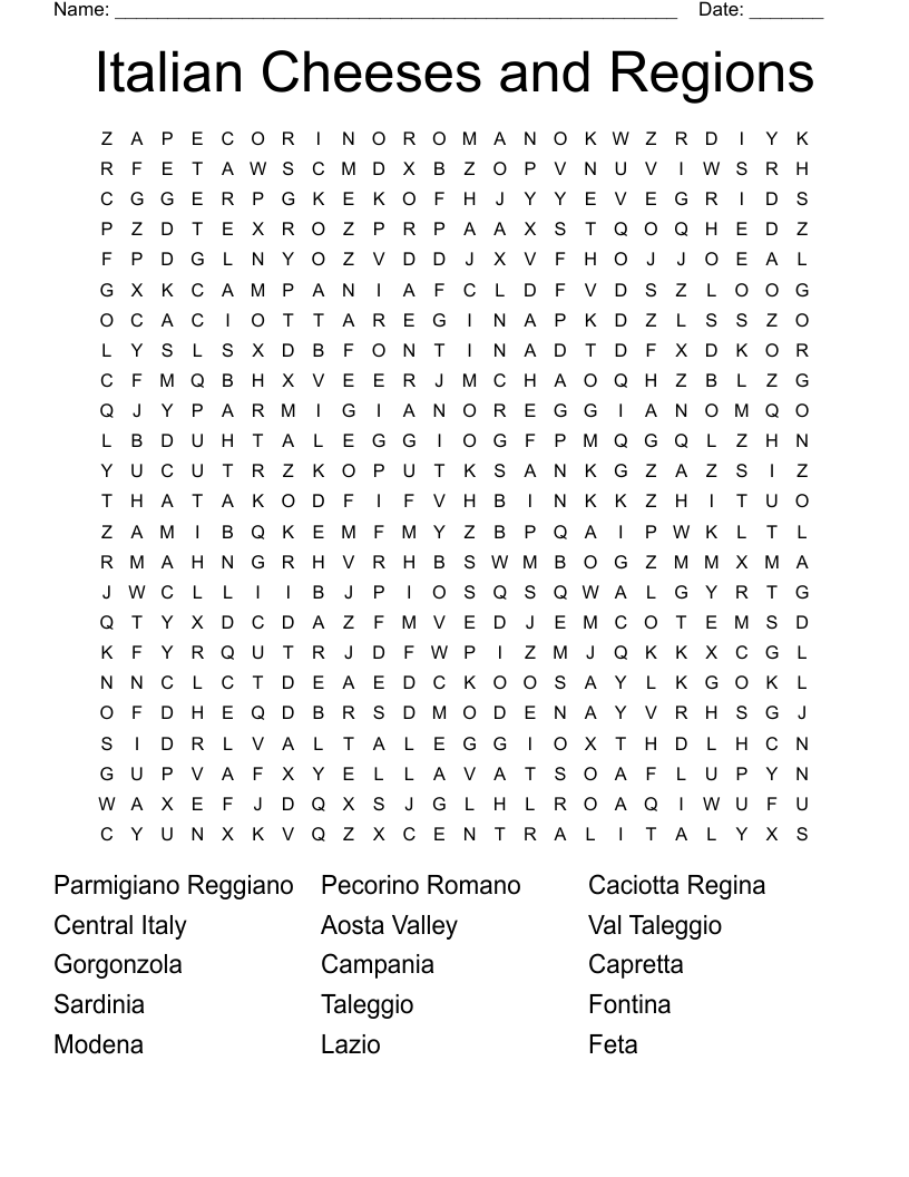 Italian Cheeses And Regions Word Search WordMint Italian Cheeses And Regions Word Search WordMint