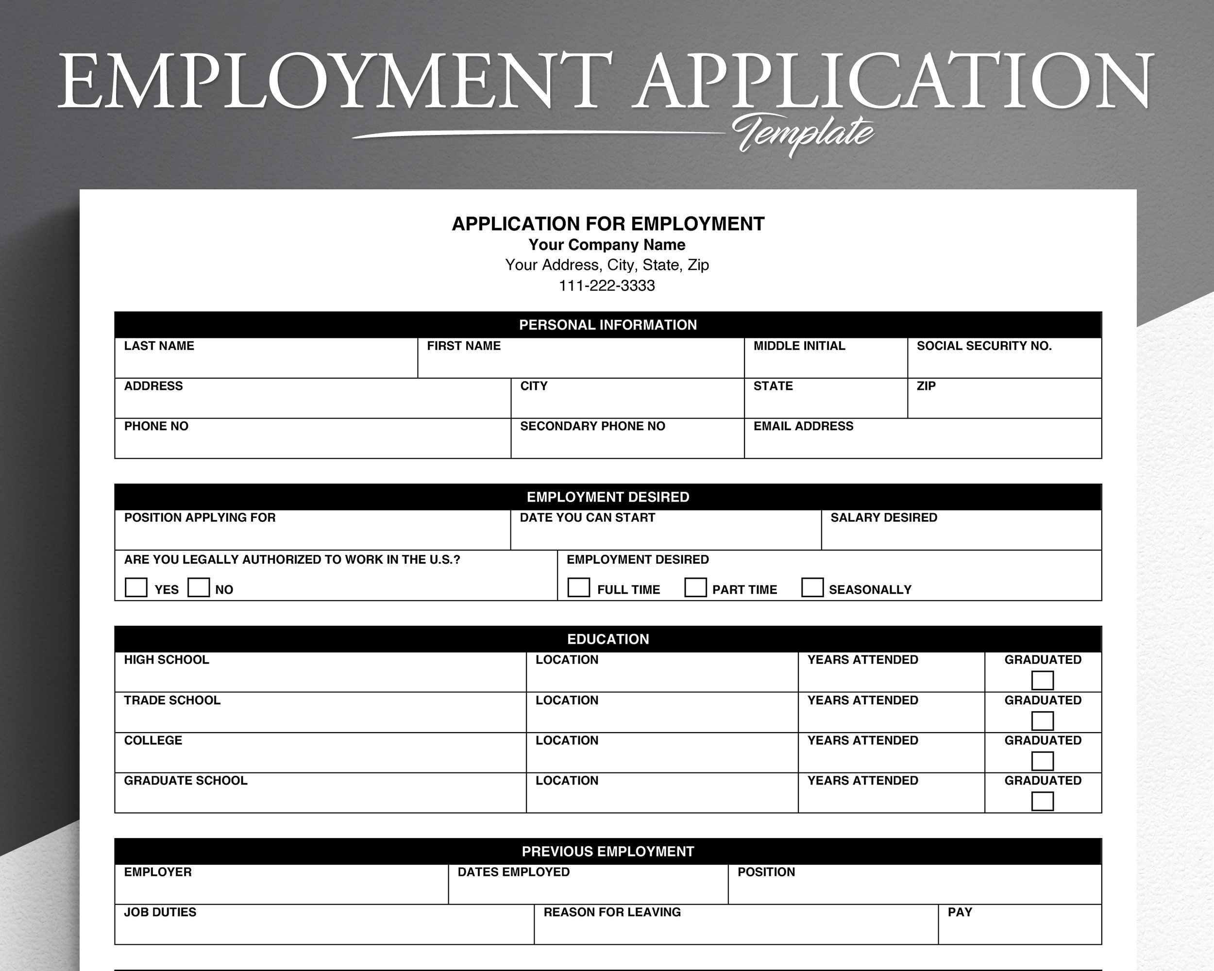 printable employment application template printable employment application template