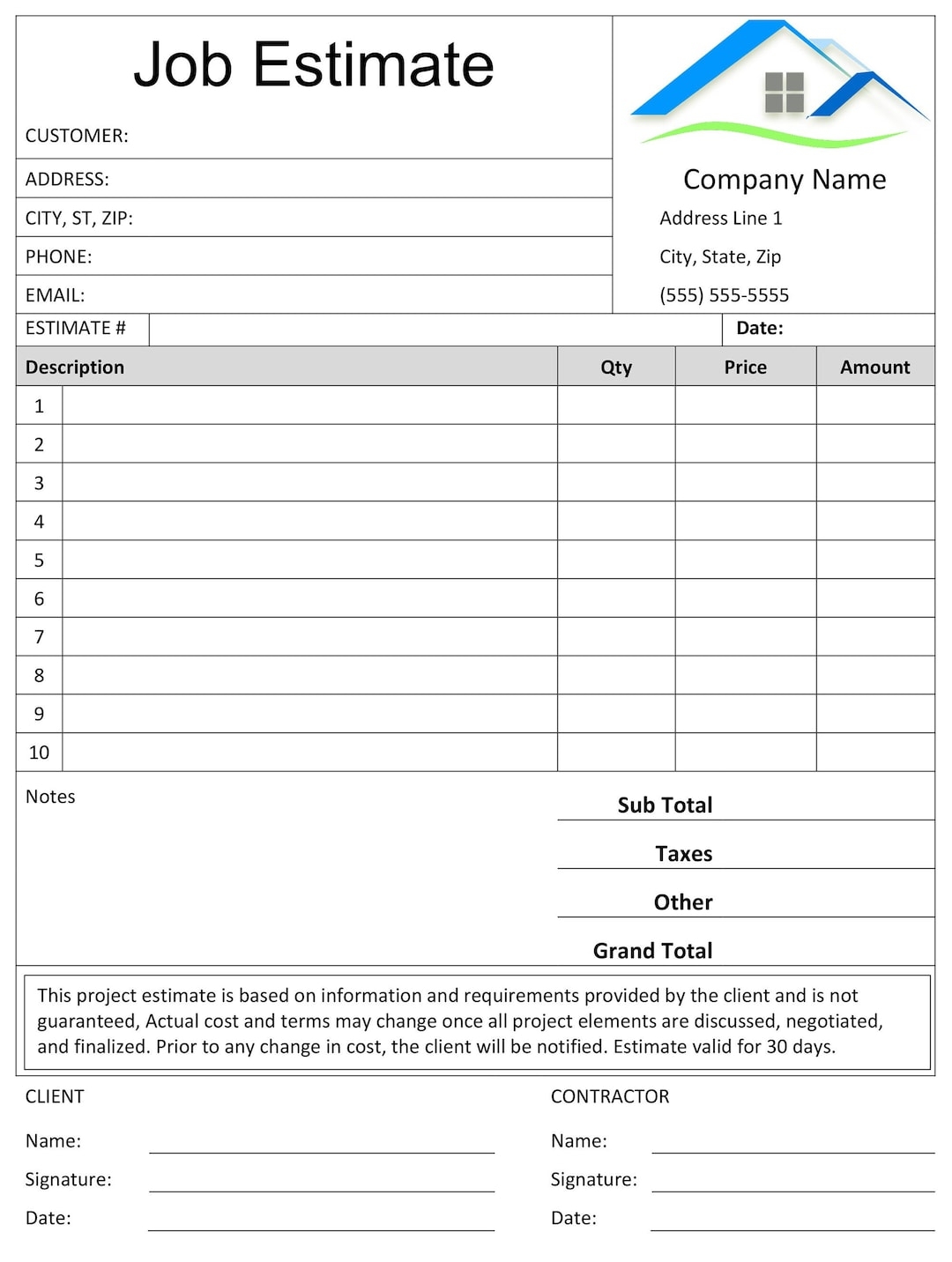 Job Estimate Template Microsoft Word Editable Doc Google Doc Printable Construction Bid Form Etsy