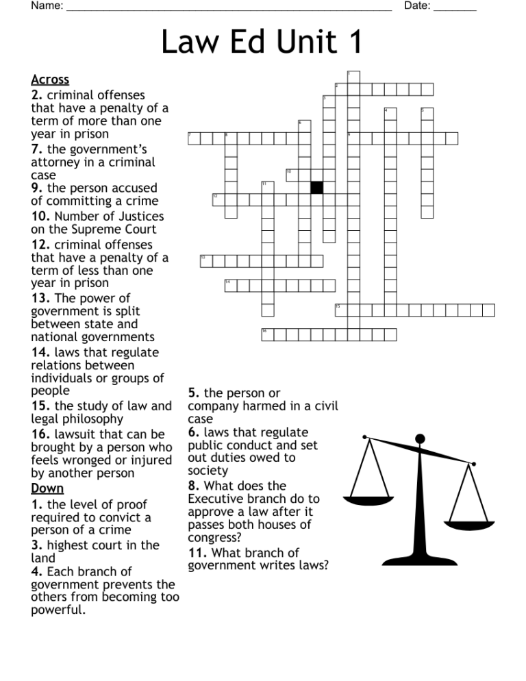 Law Ed Unit 1 Crossword WordMint