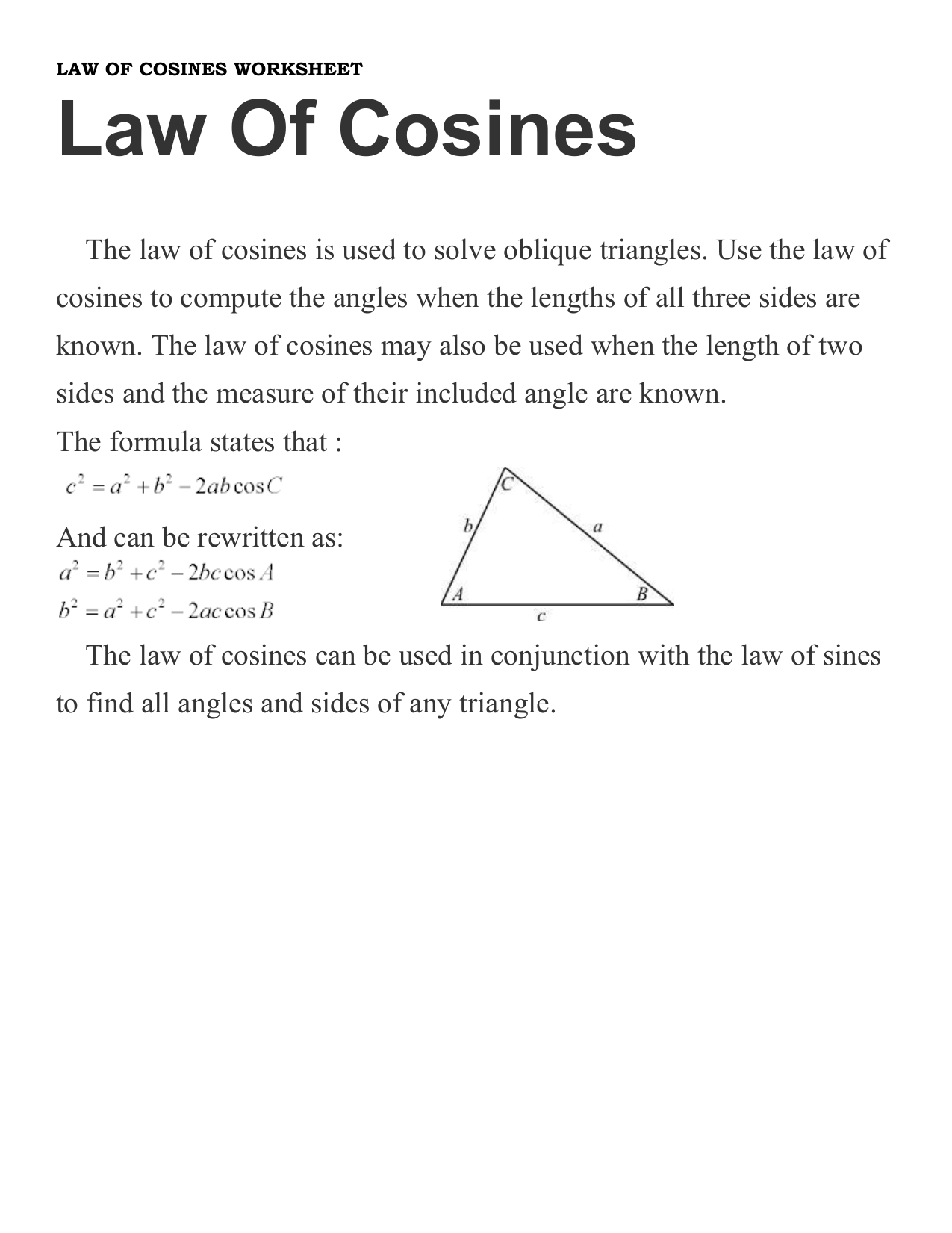 Law Of Cosines Worksheet Practice Problems Solutions Law Of Cosines Worksheet Practice Problems Solutions