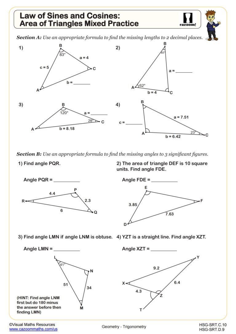 Law Of Sines And Cosines Area Of Triangles Mixed Practice Worksheet Fun And Engaging Algebra II PDF Worksheets Cazoom Math
