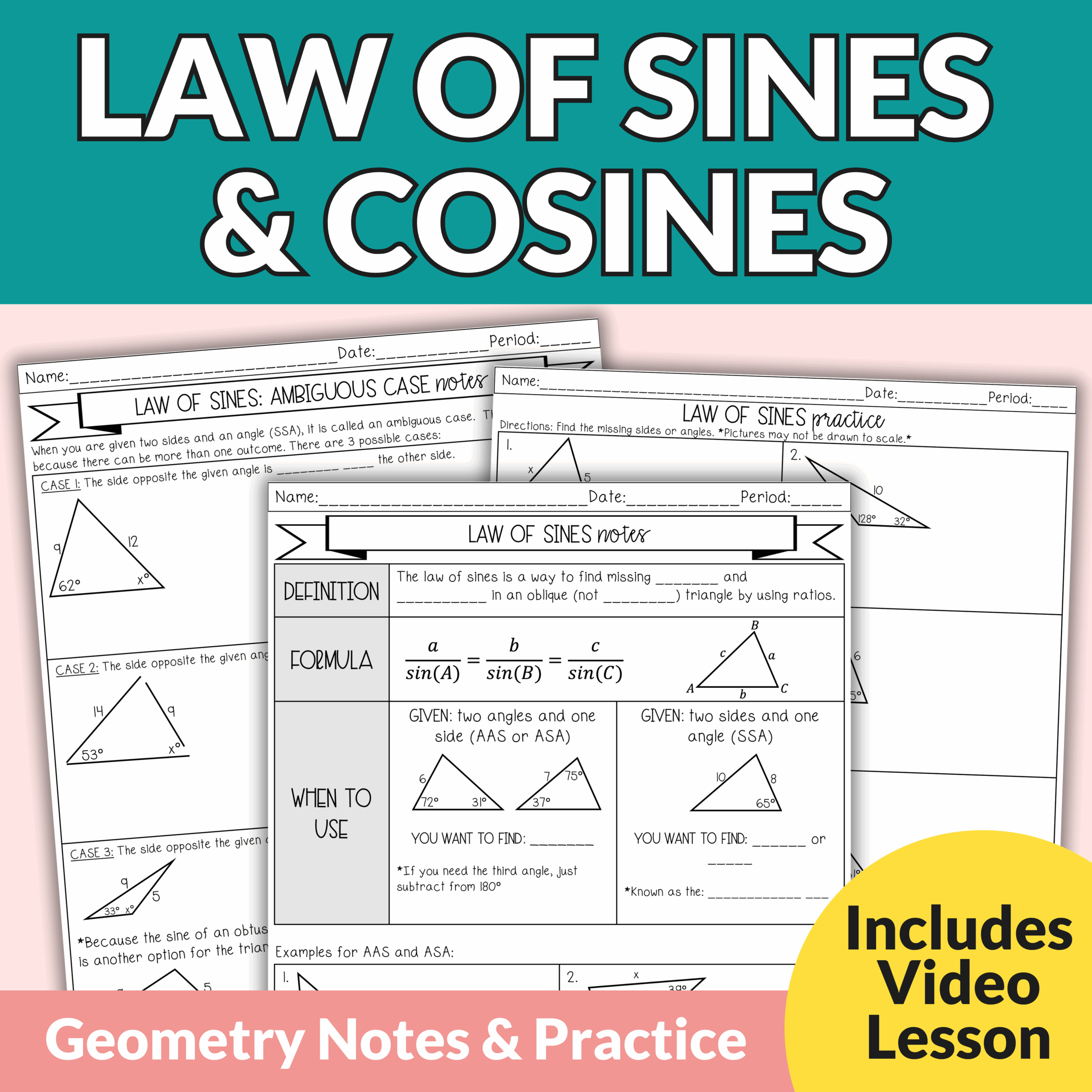 Law Of Sines And Cosines Triangle Area Notes And Worksheets For Grades 9th 11th Lindsay Bowden Law Of Sines And Cosines Triangle Area Notes And Worksheets For Grades 9th 11th Lindsay Bowden