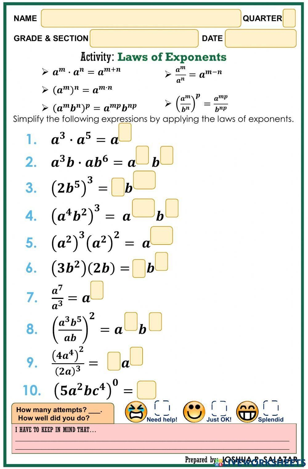 laws of exponents worksheet laws of exponents worksheet