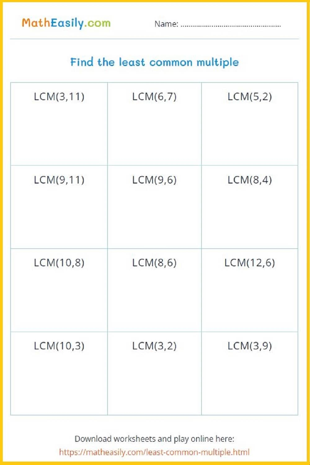 Least Common Multiple Game ONLINE Worksheets Least Common Multiple Game ONLINE Worksheets