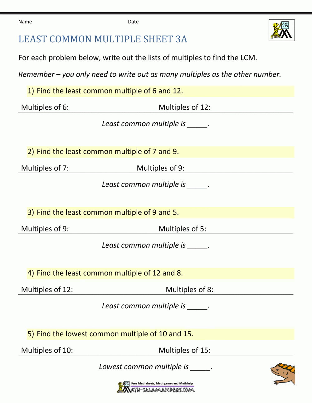 least common multiple worksheet least common multiple worksheet
