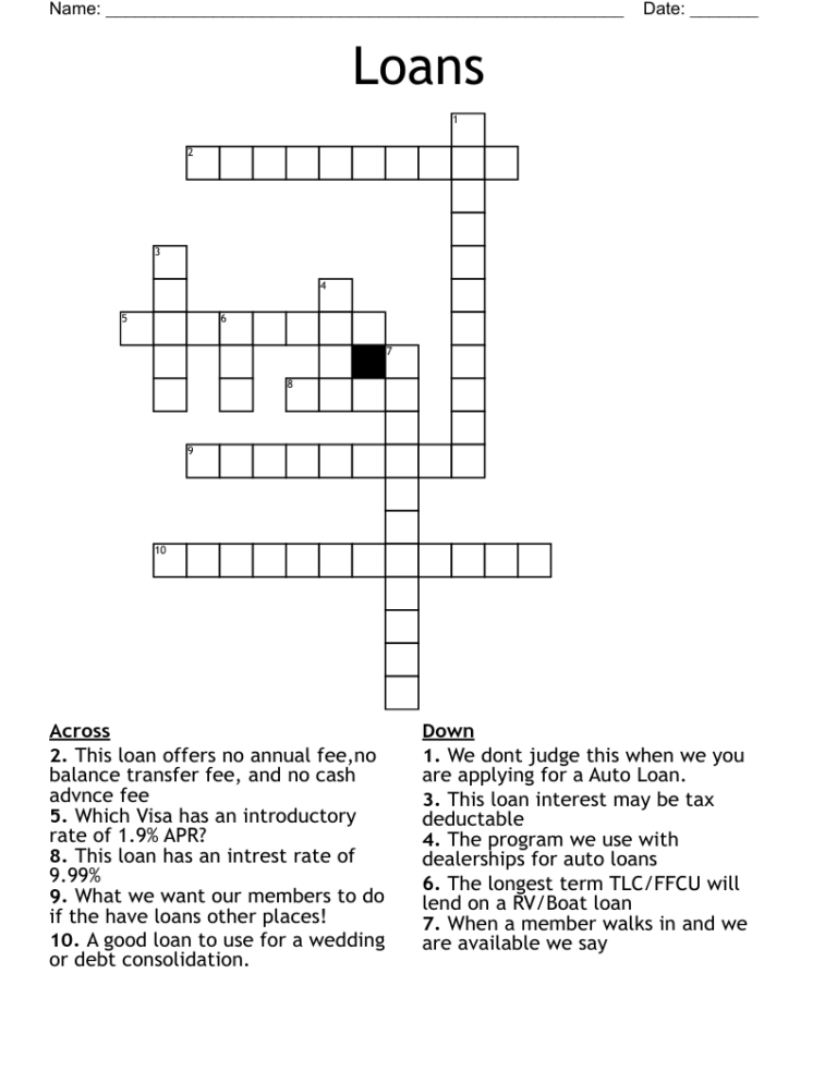 Loans Crossword WordMint