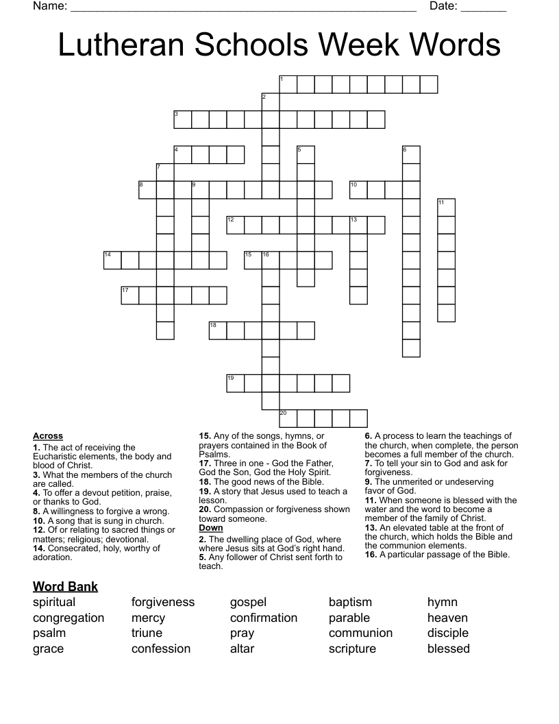 Lutheran Schools Week Words Crossword WordMint