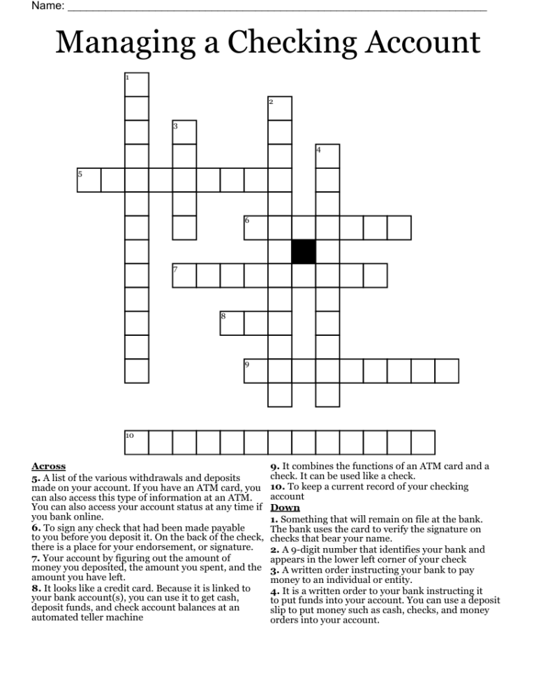 Managing A Checking Account Crossword WordMint