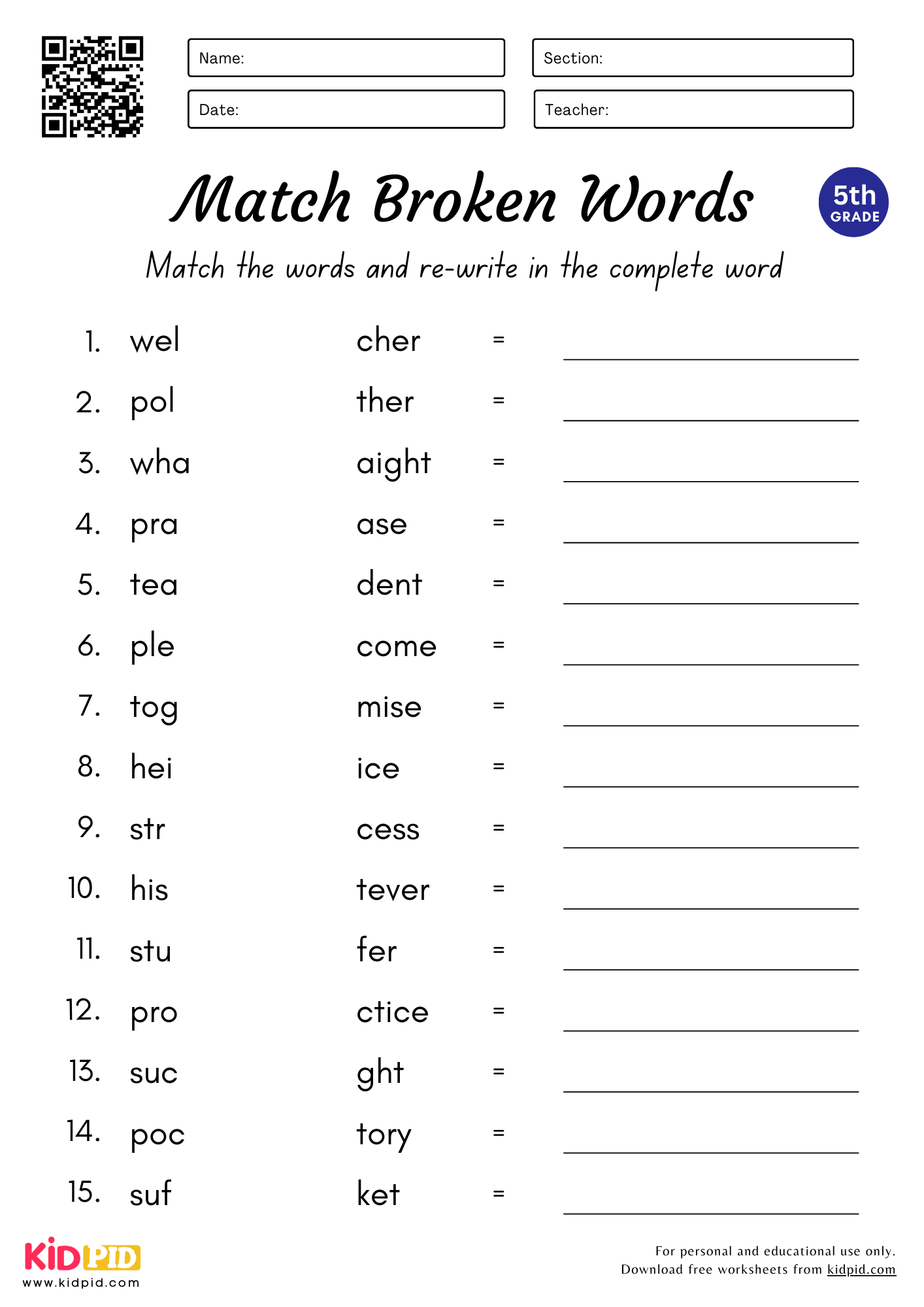 Match Complete The Words Worksheet For Grade 5 Kidpid Match Complete The Words Worksheet For Grade 5 Kidpid