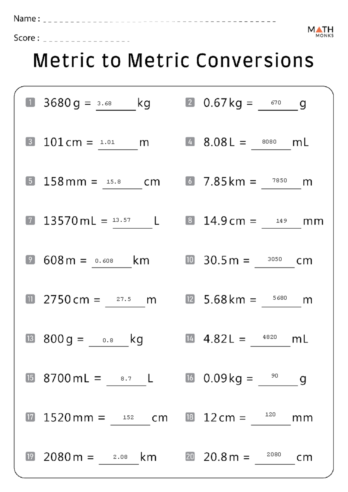 MATH 101 Metric to Metric Conversion Worksheet With Answers Studocu MATH 101 Metric to Metric Conversion Worksheet With Answers Studocu