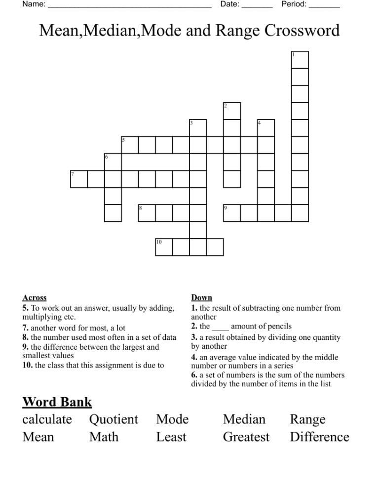 Mean Median Mode And Range Crossword WordMint