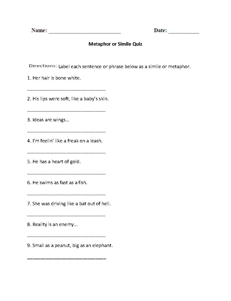 Metaphors Worksheets Metaphor Or Simile Quiz Worksheet Metaphors Worksheets Metaphor Or Simile Quiz Worksheet