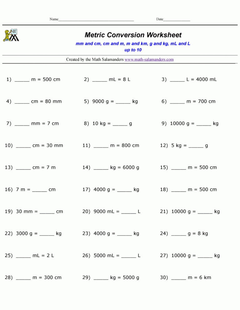 Metric Conversion Practice Worksheets