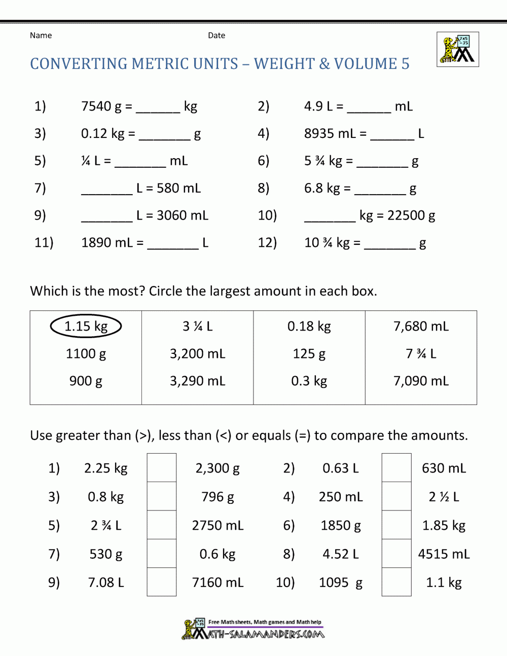 Metric Conversion Worksheet Metric Conversion Worksheet