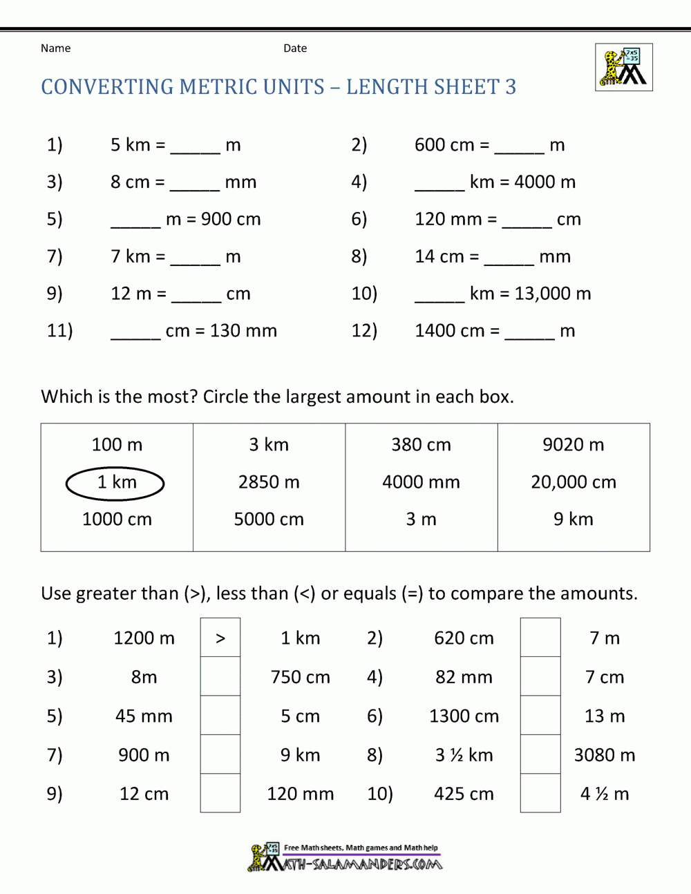 Metric Conversion Worksheet Metric Conversion Worksheet