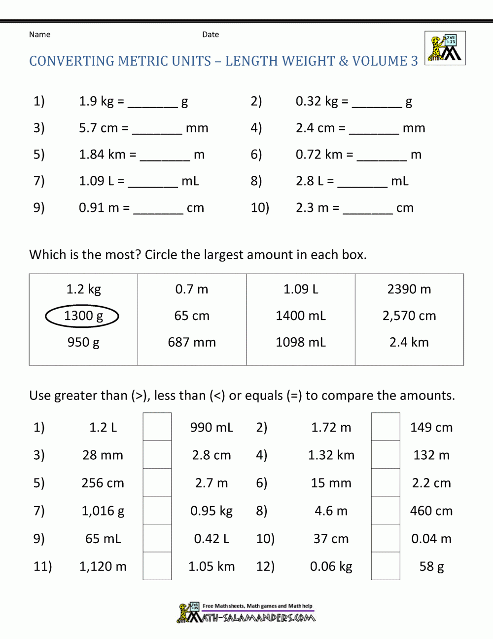 Metric Conversion Worksheet Metric Conversion Worksheet