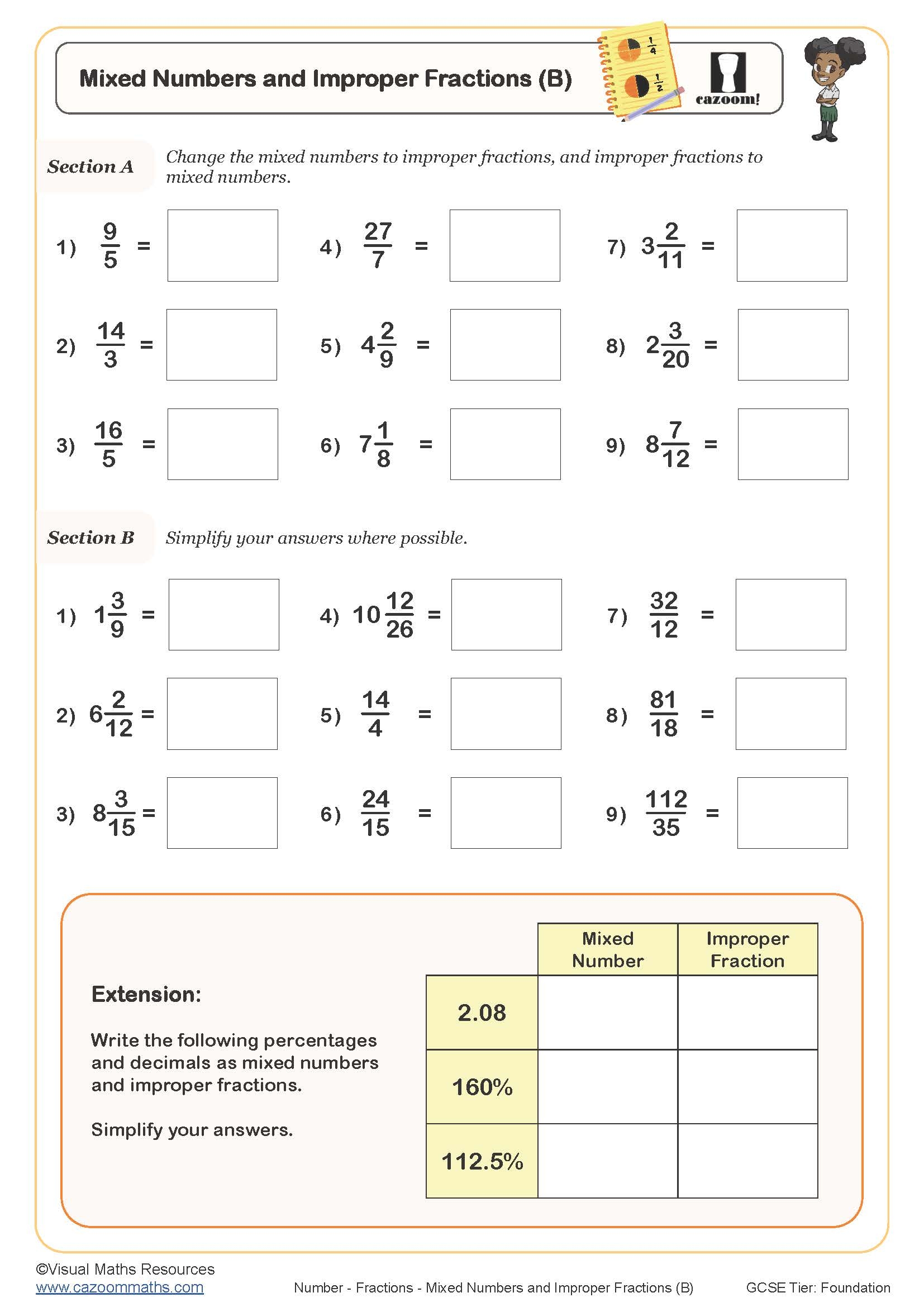 Mixed Numbers And Improper Fractions B Worksheet Cazoom Maths Worksheets Mixed Numbers And Improper Fractions B Worksheet Cazoom Maths Worksheets