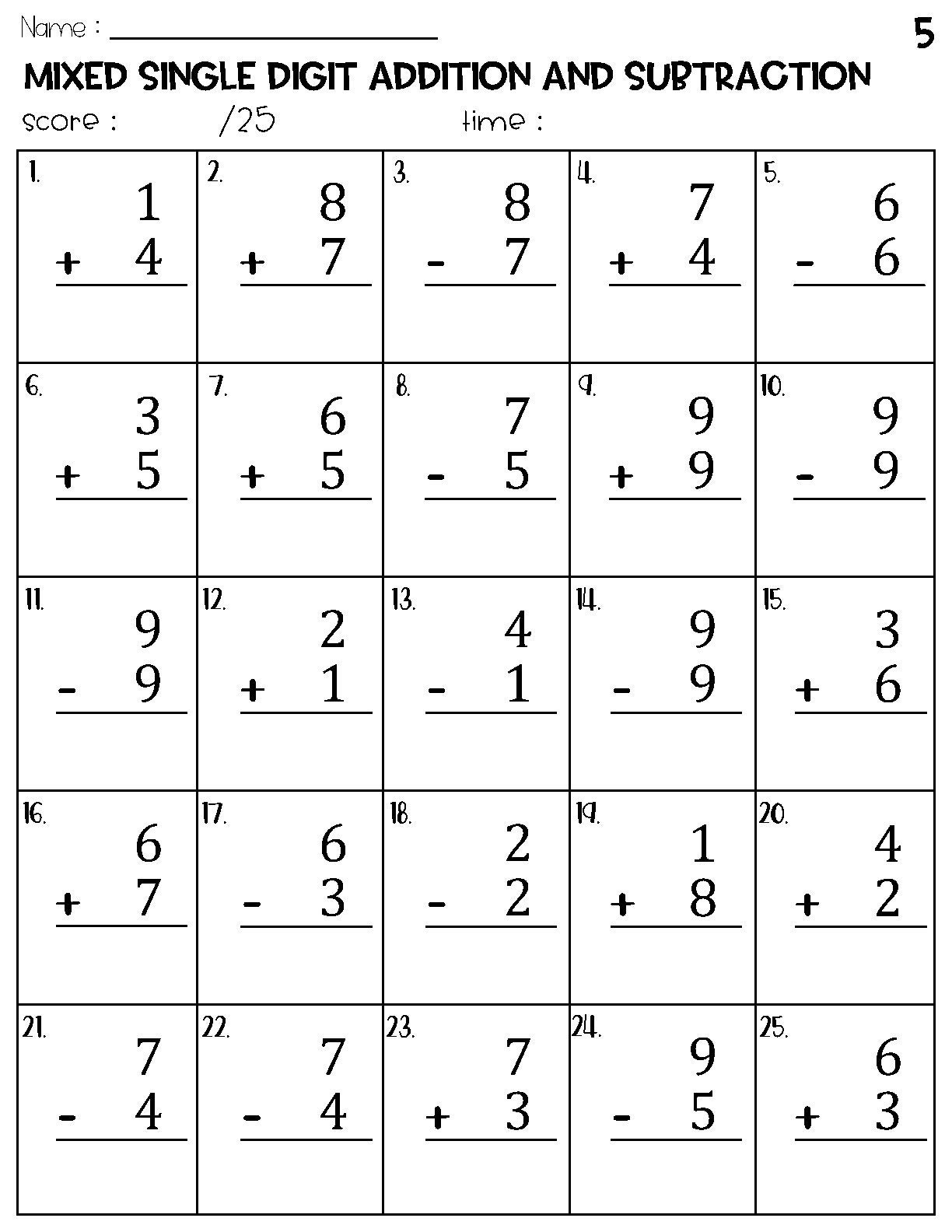 Mixed Single Digit Addition And Subtraction Worksheets Etsy Hong Kong