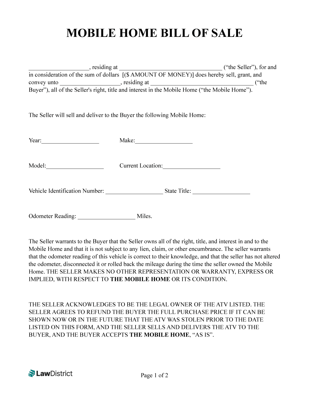 Mobile Home Manufactured Bill Of Sale Form LawDistrict Mobile Home Manufactured Bill Of Sale Form LawDistrict