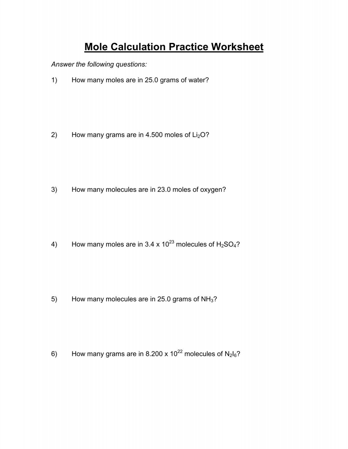 Mole Calculation Practice Worksheet Mole Calculation Practice Worksheet