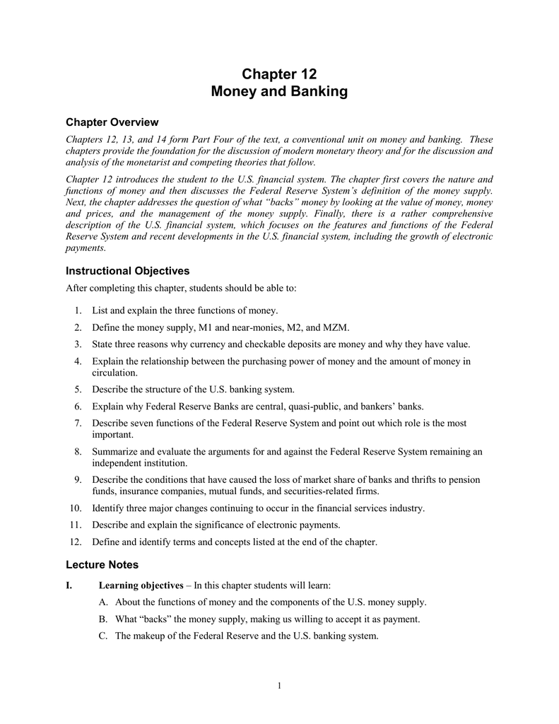 Money And Banking Chapter Overview Lecture Notes