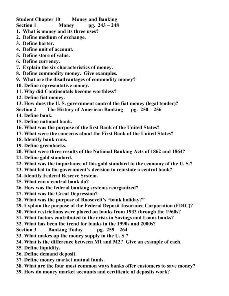 Money And Banking Study Guide Definitions Questions