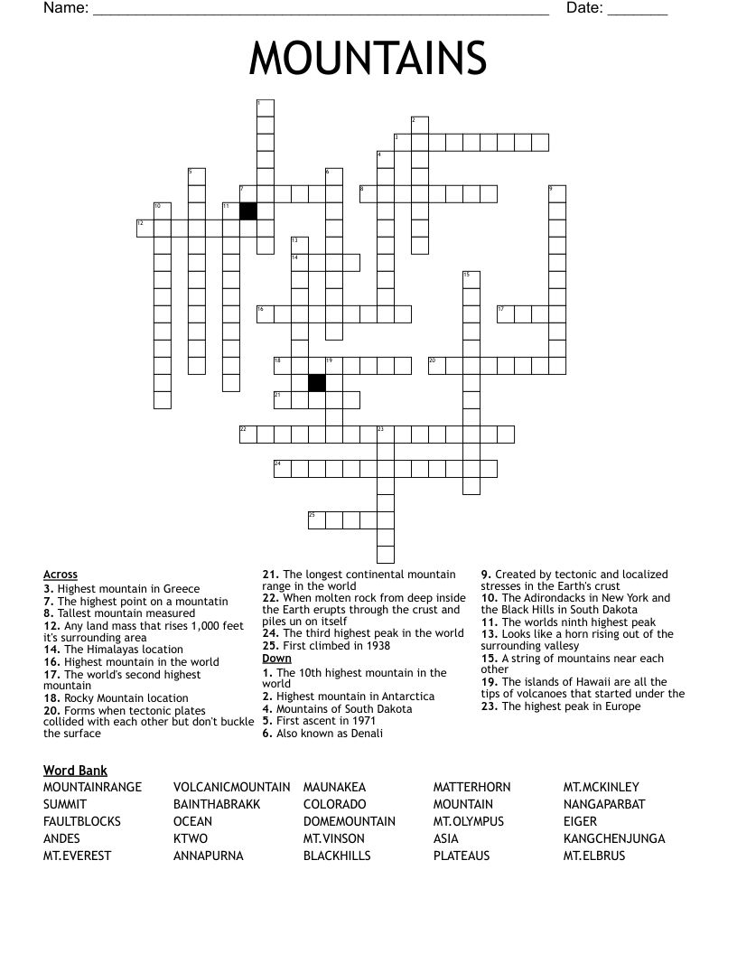 MOUNTAINS Crossword WordMint MOUNTAINS Crossword WordMint