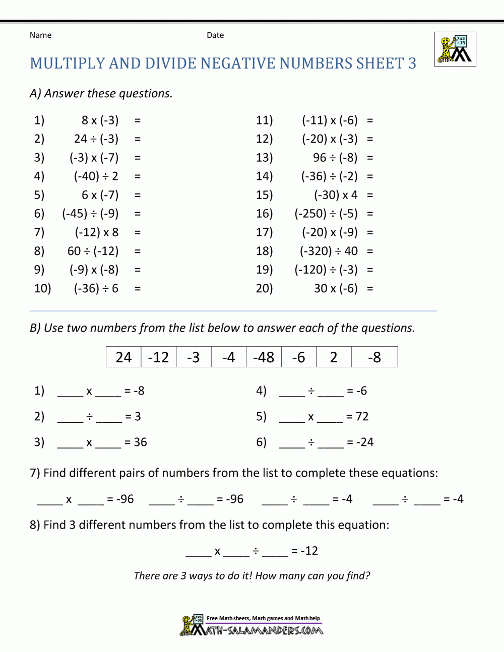 adding subtracting multiplying and dividing integers worksheet adding subtracting multiplying and dividing integers worksheet
