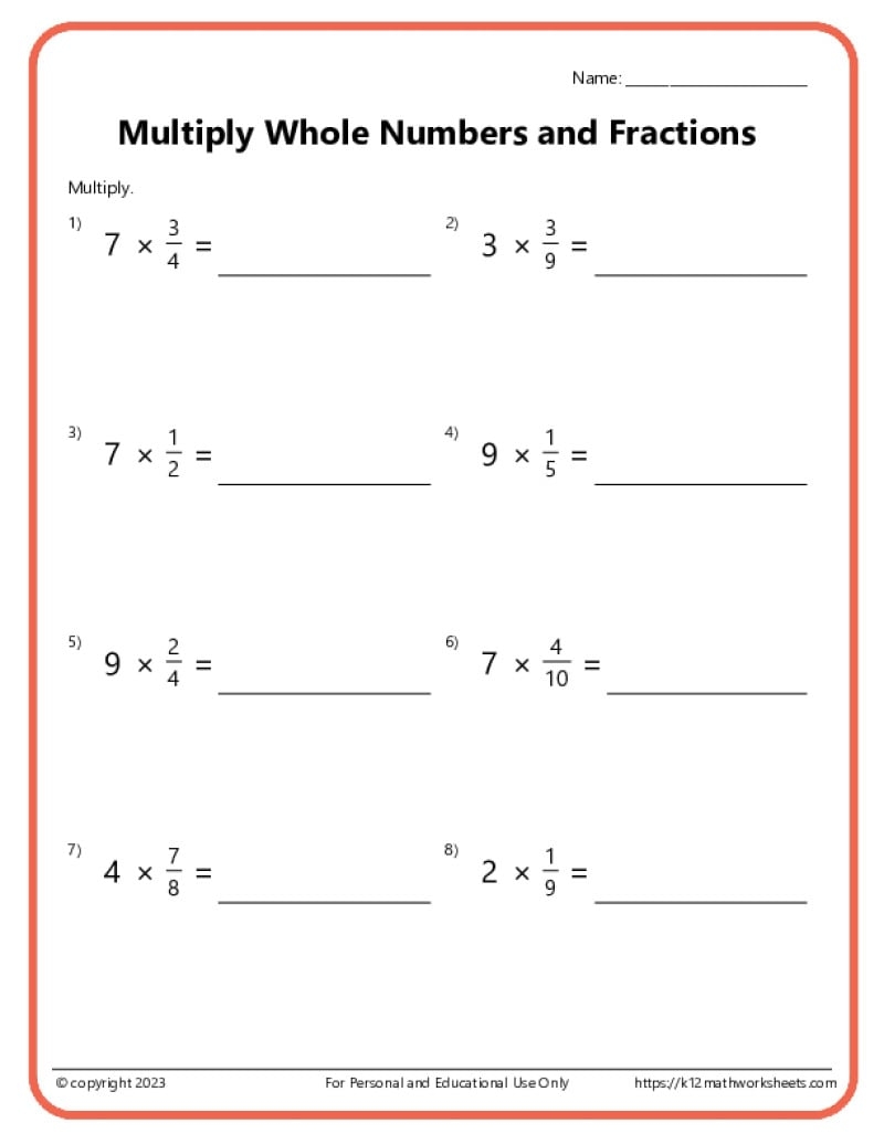 Multiply Fractions With Whole Numbers Multiply Fractions With Whole Numbers
