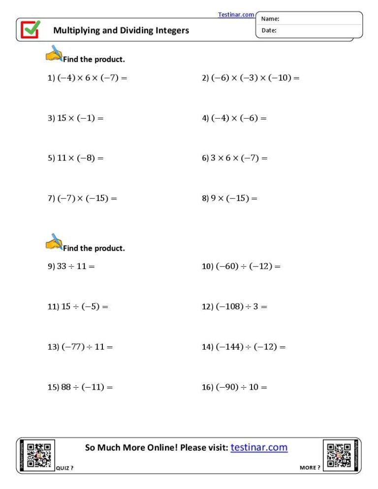 Multiplying And Dividing Integers Worksheets